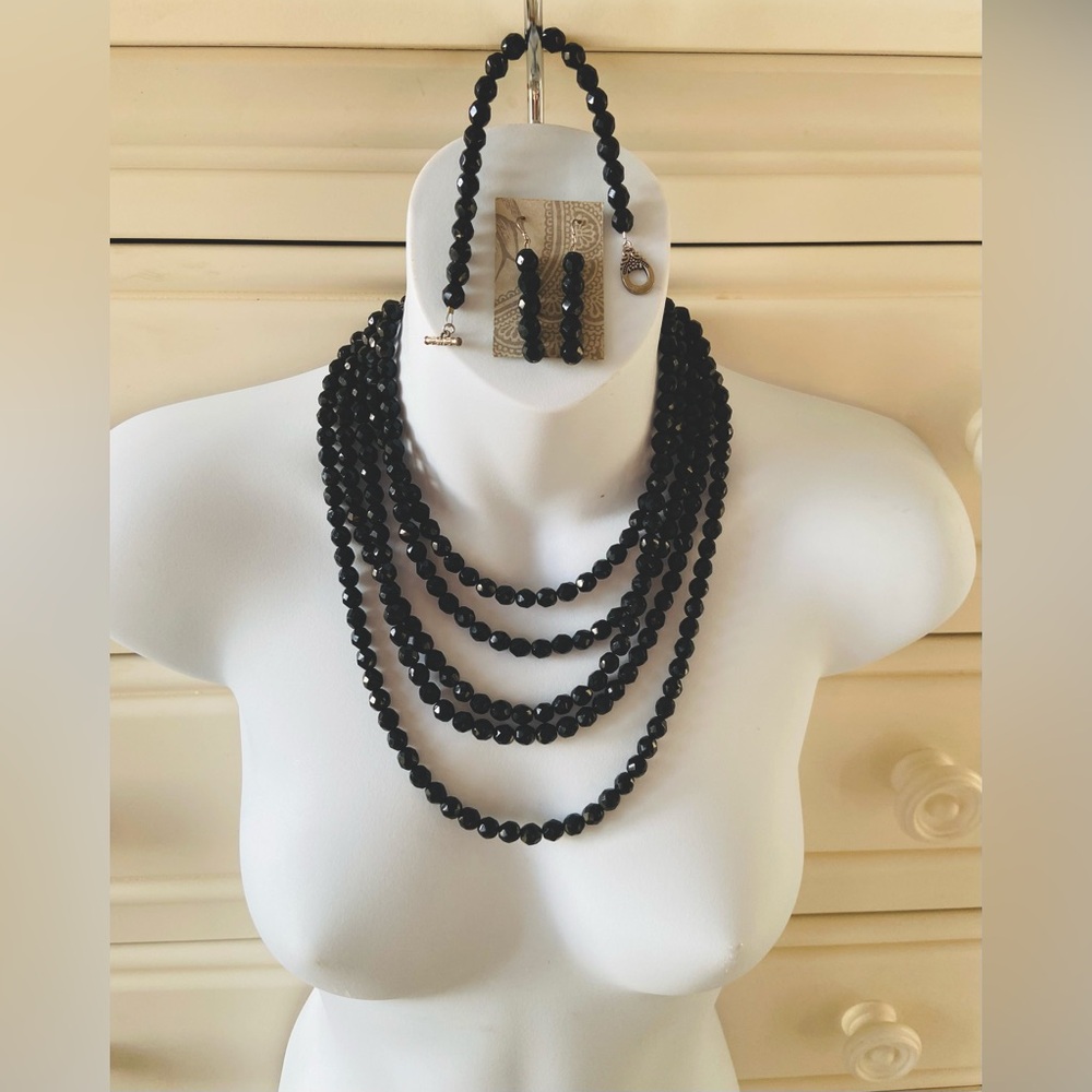 Set of 5-strand crystal necklace, earrings and bracelet. Artisan made, flapper